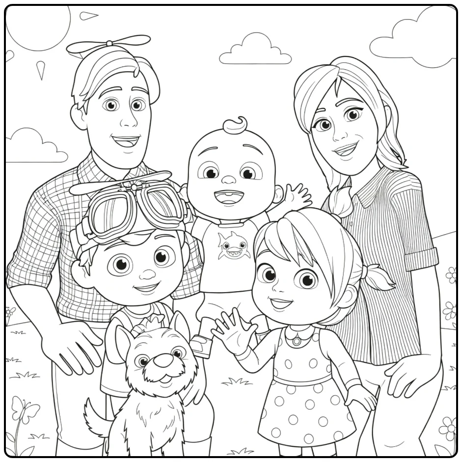 CoComelon Happy Family with Kids and Puppy coloring page