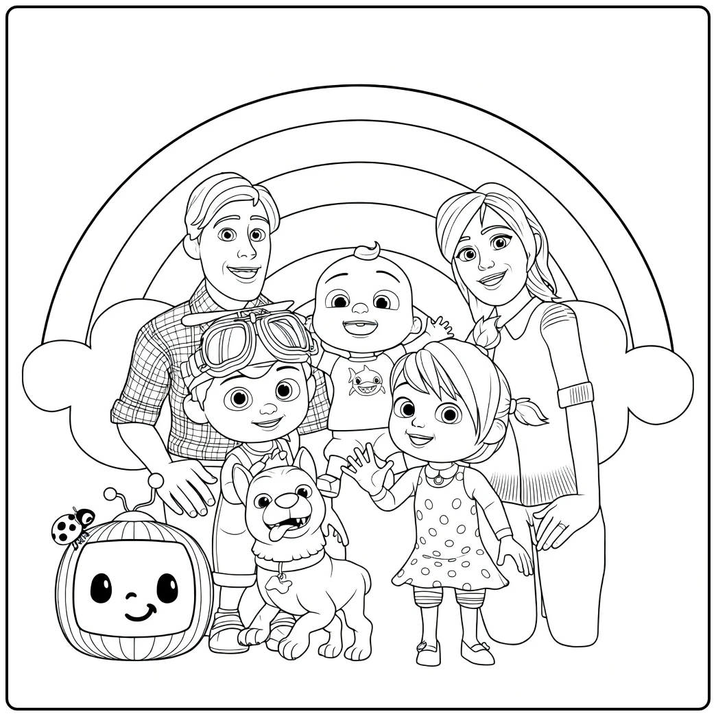 CoComelon Happy Family with Children and Rainbow coloring page