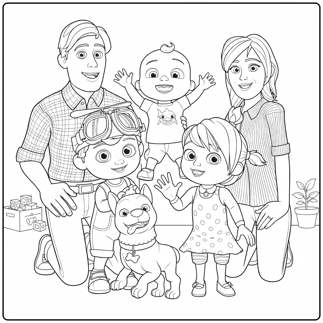 CoComelon Happy Parents Kids Baby and Dog coloring page
