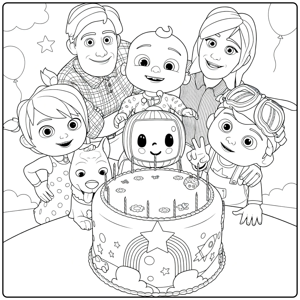 CoComelon Family Celebrating Birthday with Cake coloring page
