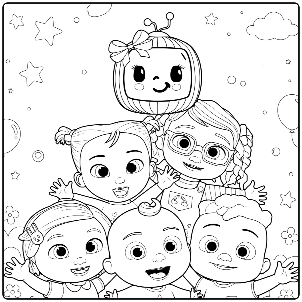 CoComelon coloring page with toddlers stacked in a pyramid
