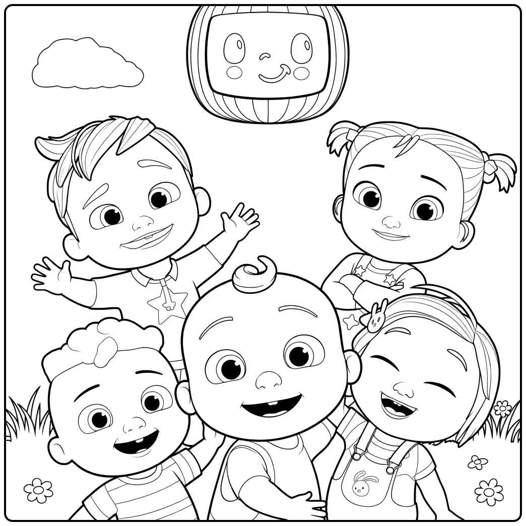 CoComelon Small Group Smiling Toddlers with Big Eyes coloring page