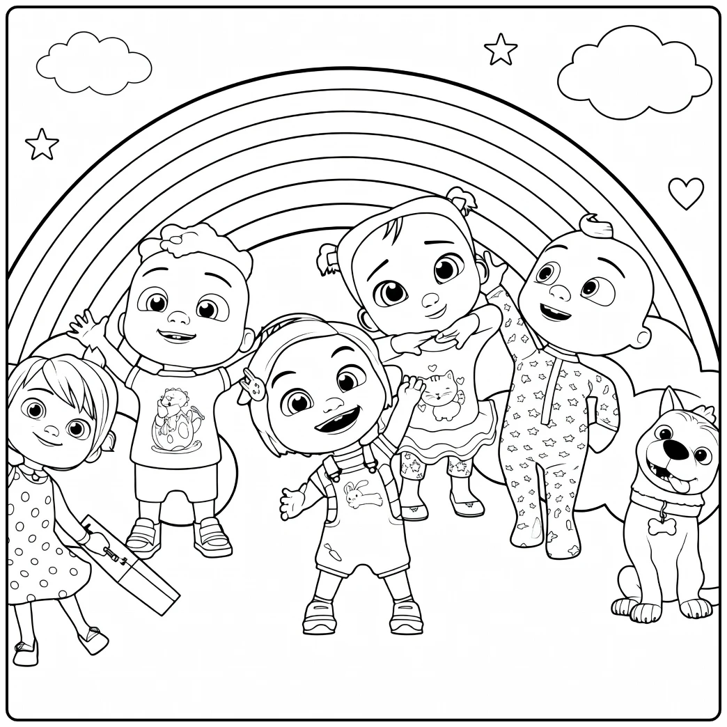 CoComelon Happy Toddlers Dog and Rainbow coloring page