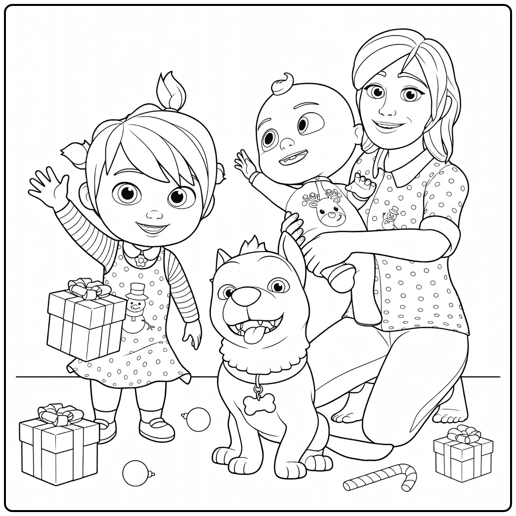 CoComelon Cheerful Family with Dog and Gift coloring page