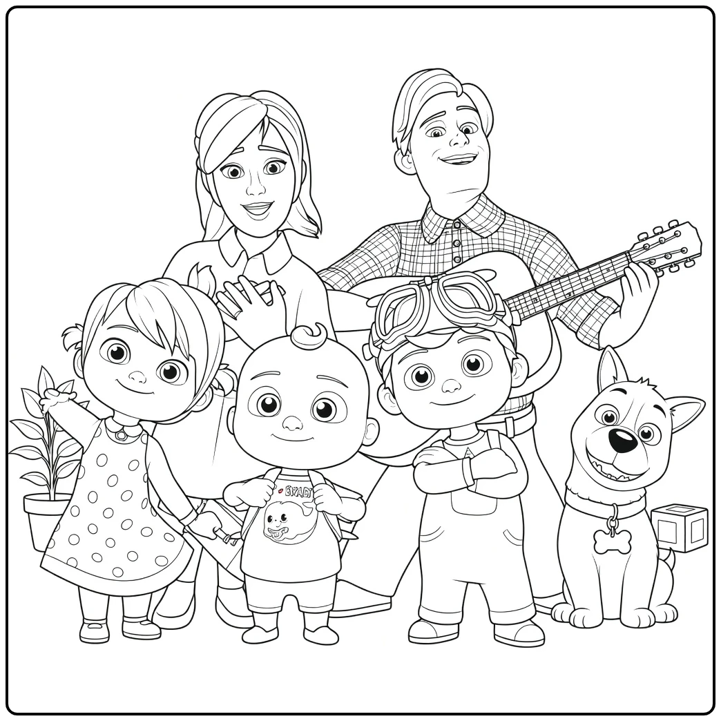 CoComelon Cheerful Family Singing with Guitar coloring page