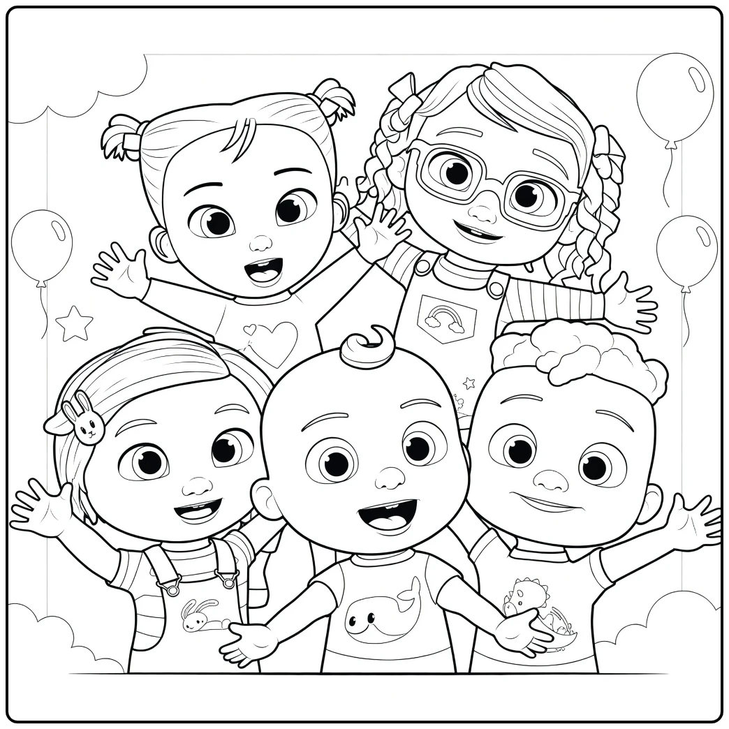 CoComelon Cheerful Group Happy Toddlers Smiling coloring page