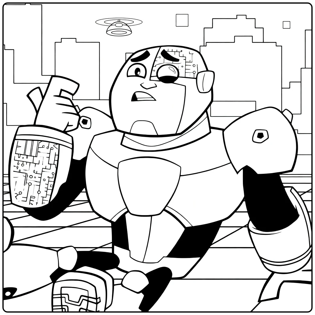 Cyborg in Futuristic City with Ufo coloring page