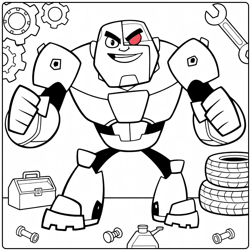 Cyborg in Workshop with Tools coloring page
