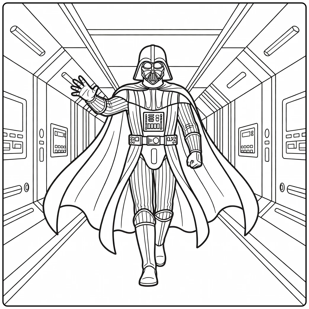 Darth Vader coloring page using the Force in a spaceship corridor