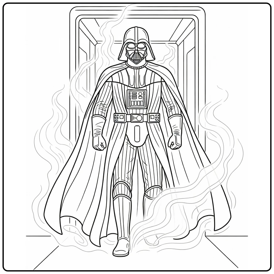 Darth Vader Looming from Smoke Spaceship coloring page