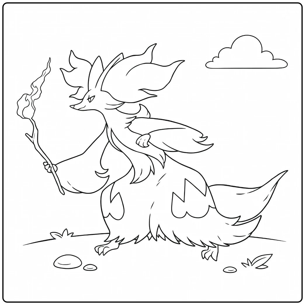 Delphox Pokemon Fire in Dynamic Pose with Vuurstaaf coloring page