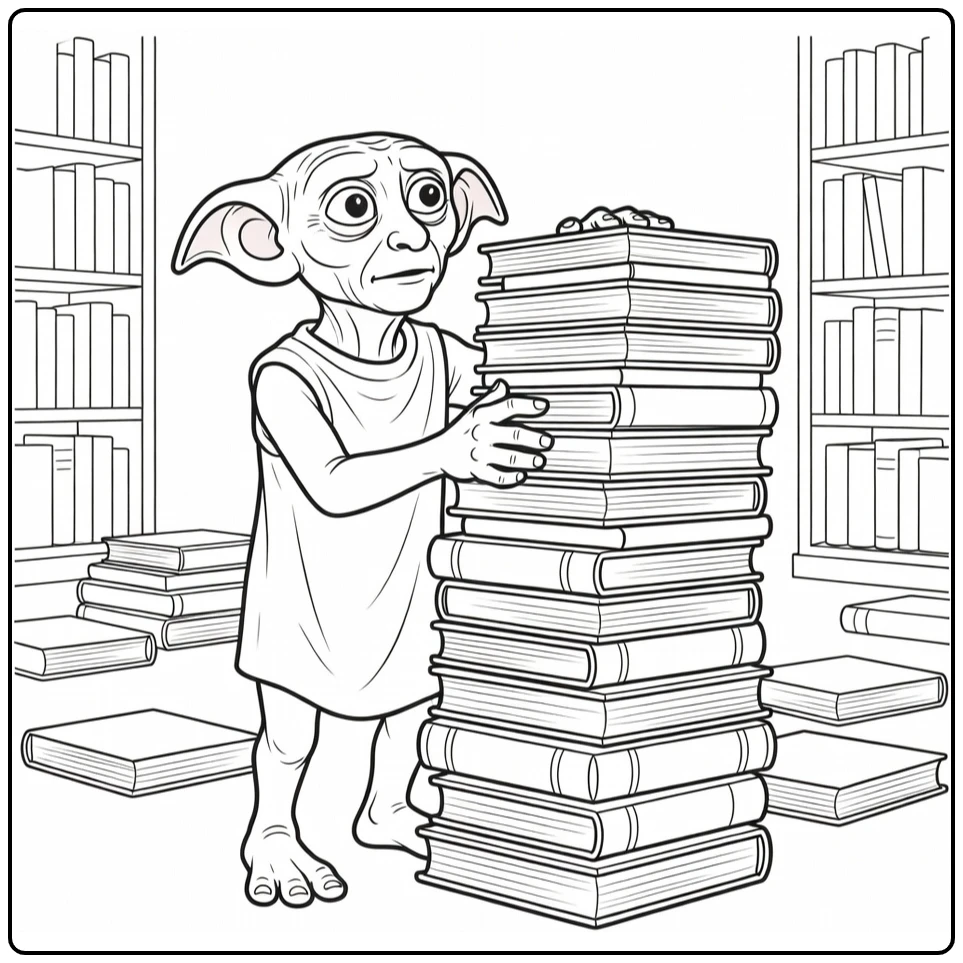 Dobby Harry Potter Balancing Books Hogwarts coloring page