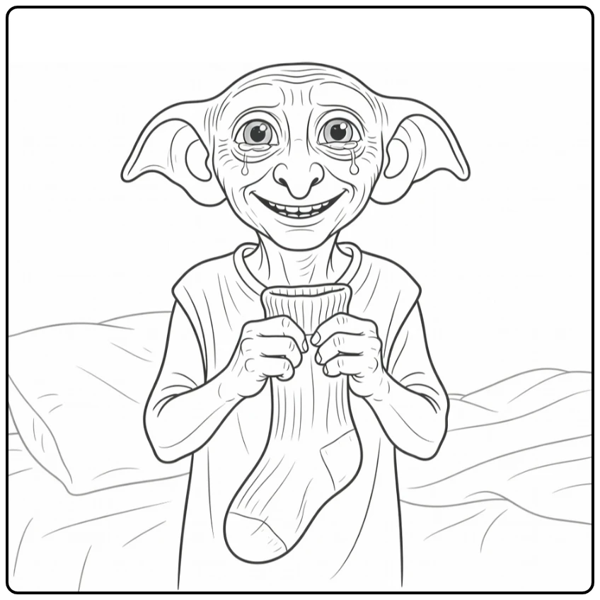 Dobby Harry Potter coloring page proudly holding a sock