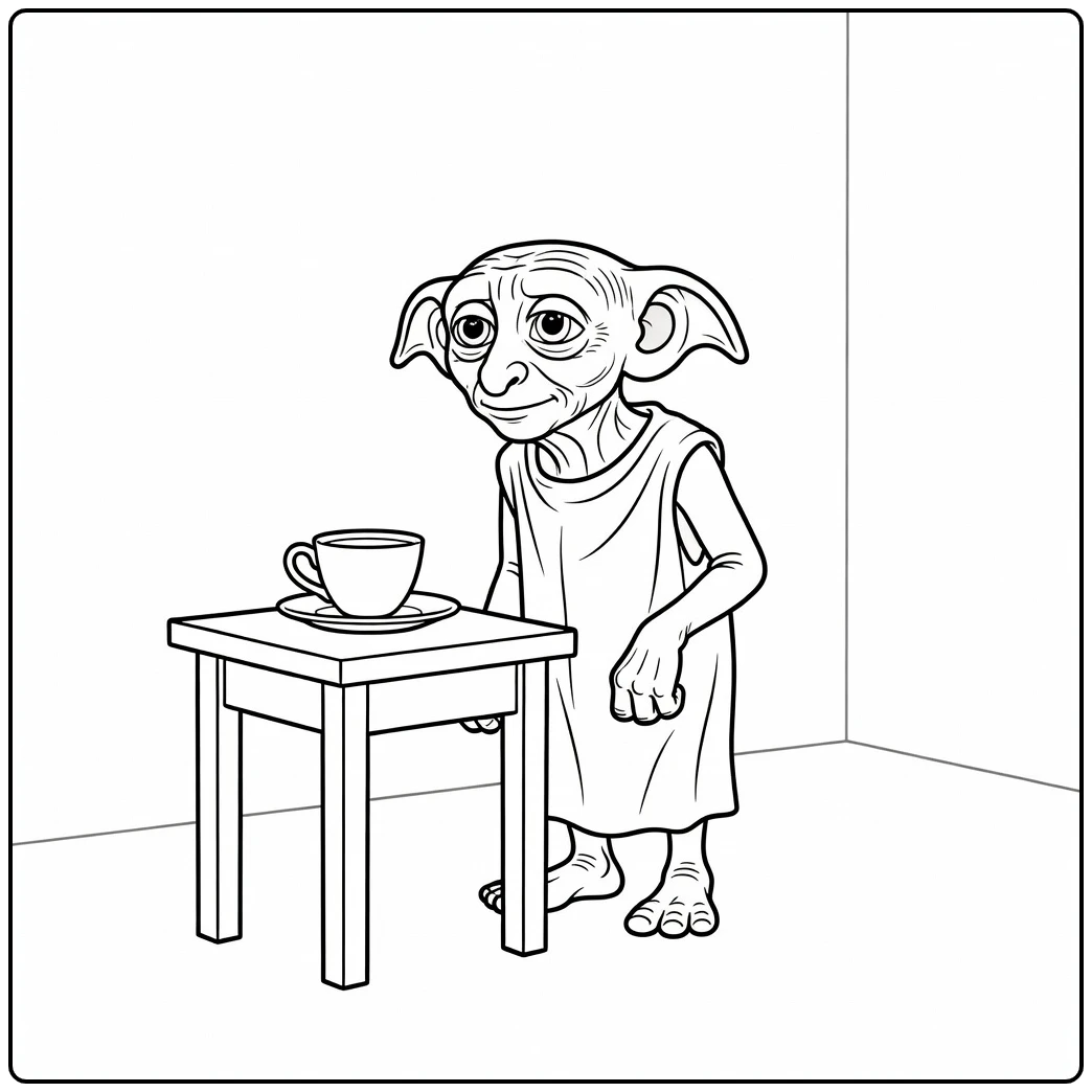 Harry Potter Dobby Next to Tea with Sign coloring page
