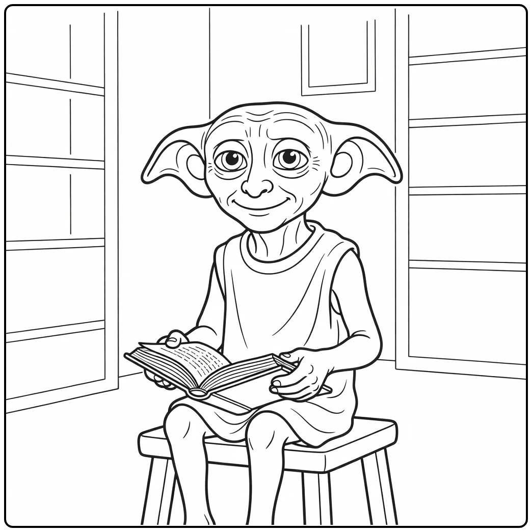 Harry Potter Dobby Sitting Loyal with Book coloring page