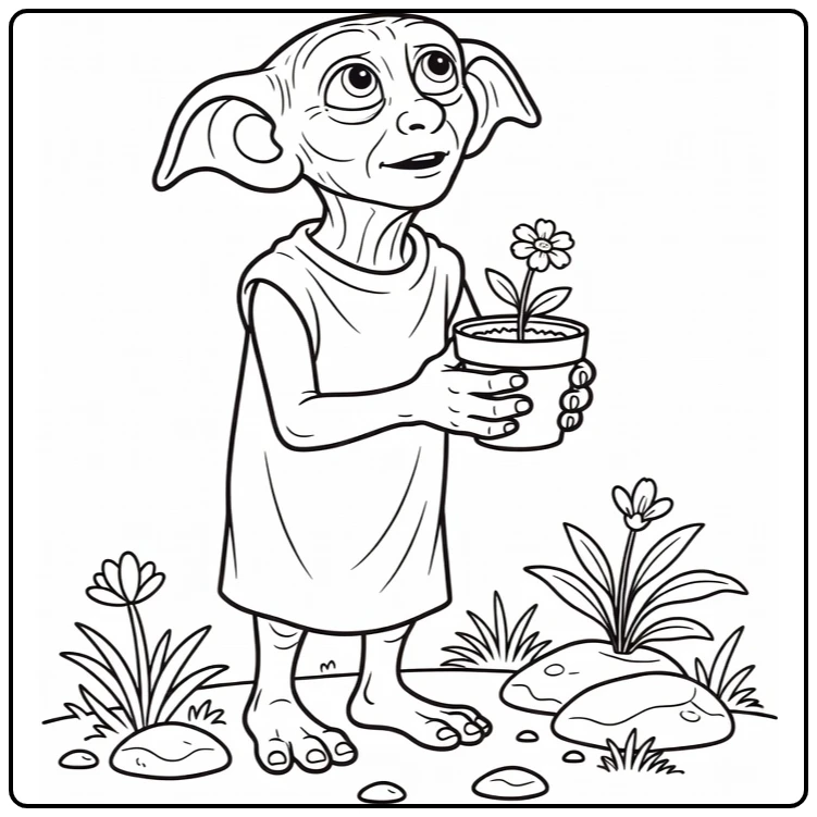Dobby Harry Potter Hopeful in Hogwarts Garden coloring page