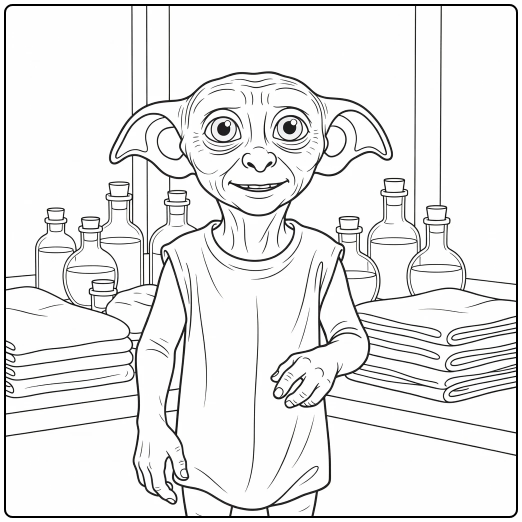 Dobby Harry Potter in Storage with Bottles and Rags coloring page
