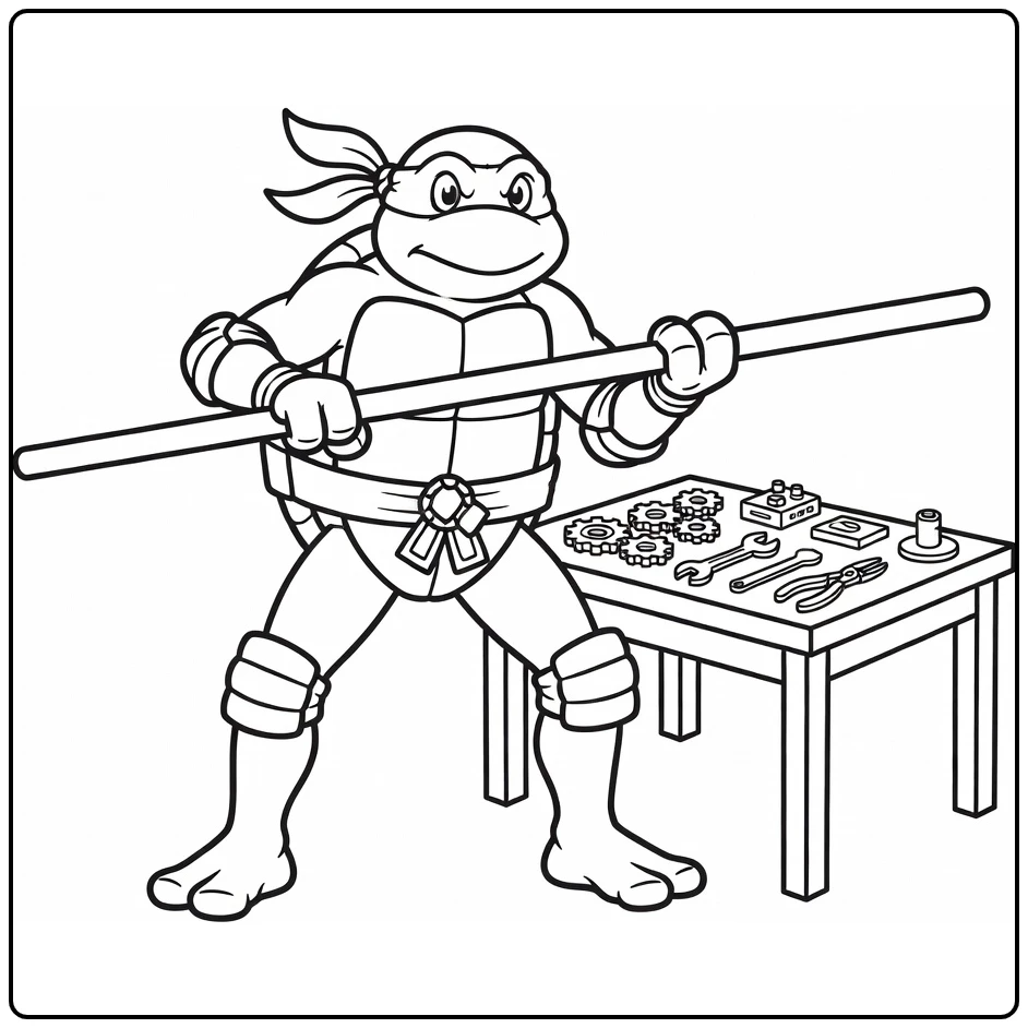 Donatello in Defensive Stance with Walking Stick and Gadgets coloring page