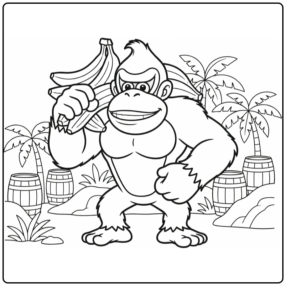 Donkey Kong Gorilla with Bananas Over Shoulder coloring page