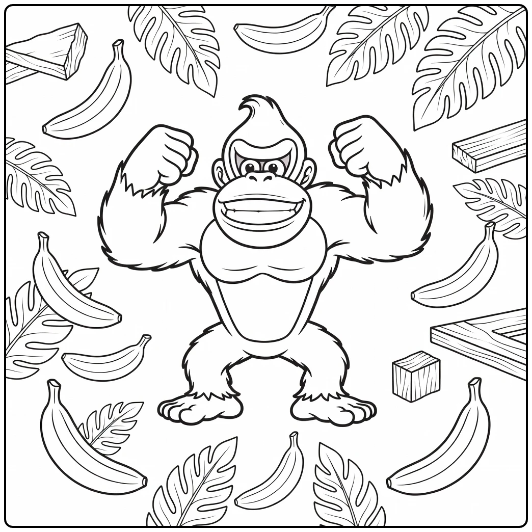 Proud Donkey Kong Beating His Chest Among Jungle Leaves coloring page