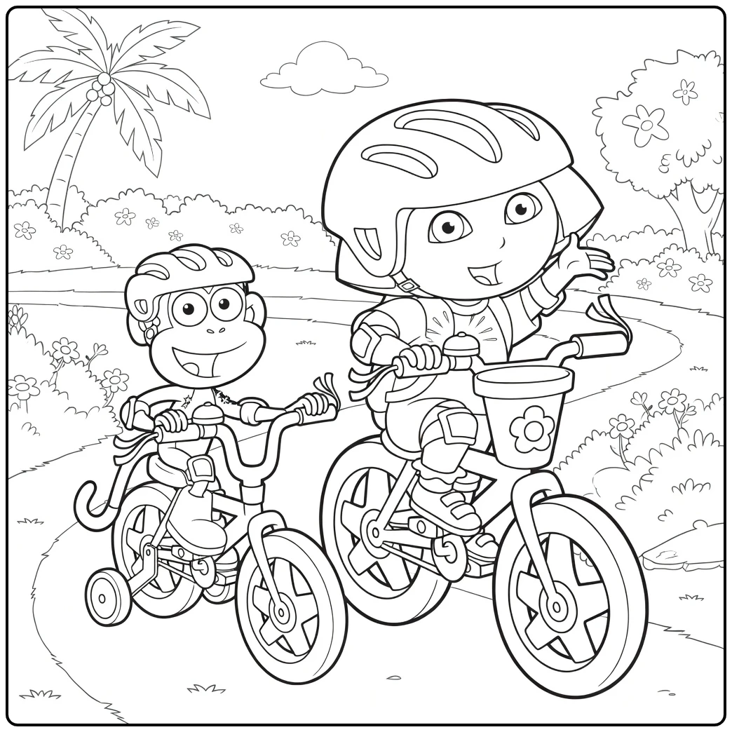 Dora and Boots on a Bicycle coloring page