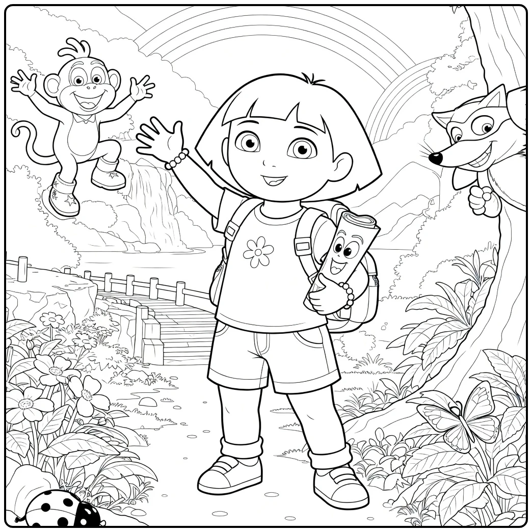 Dora Adventure with Girl Monkey Fox and Rainbow coloring page