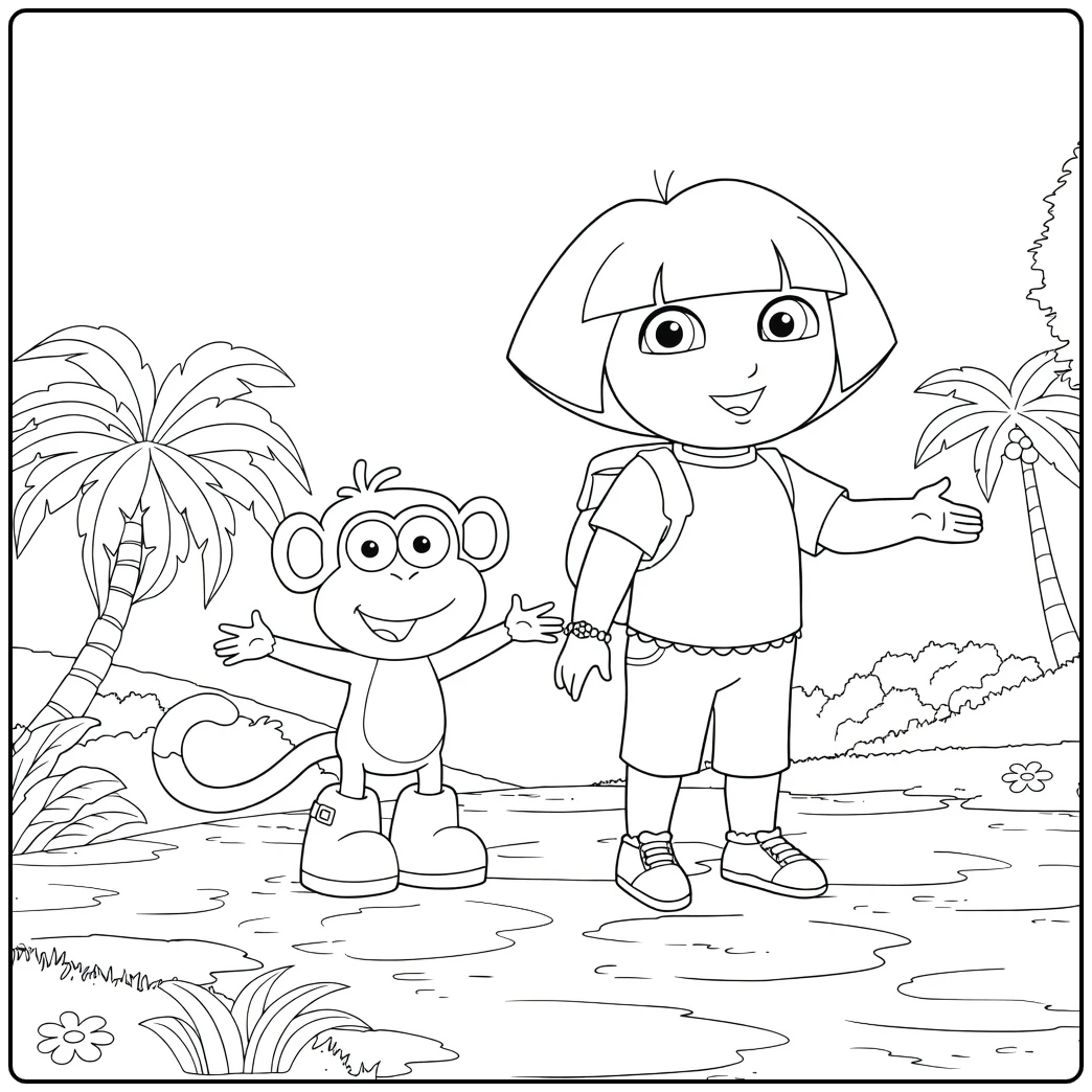 Dora Boots Waving in Jungle coloring page