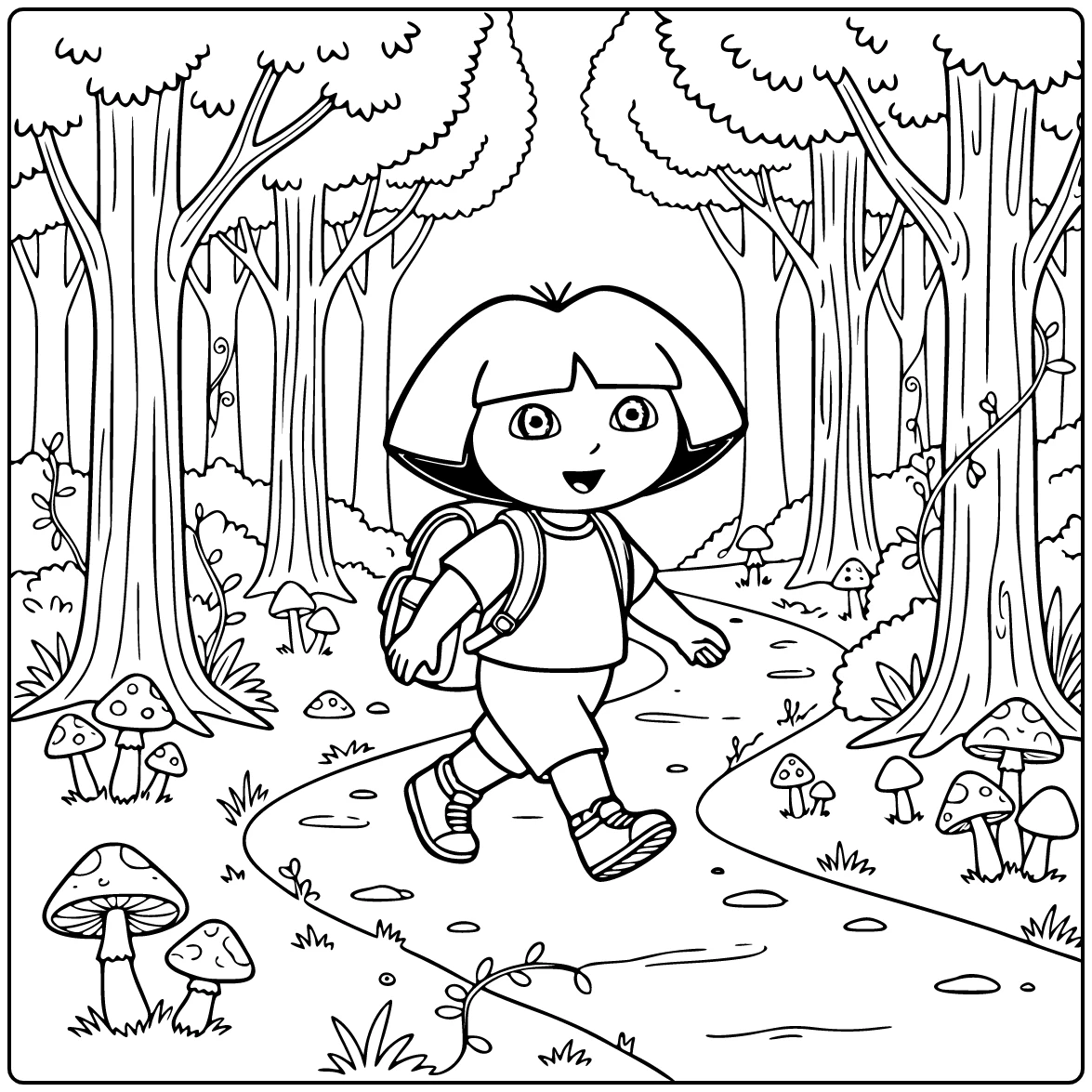 Dora Walking in Sunny Forest with Shoes coloring page