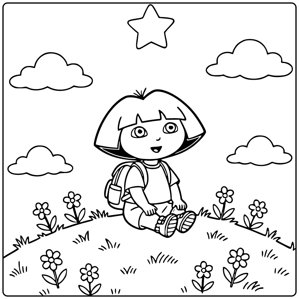 Dora Sitting on Hill with Bright Star coloring page