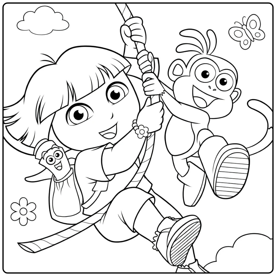 Dora Girl and Monkey at Climbing Rope coloring page