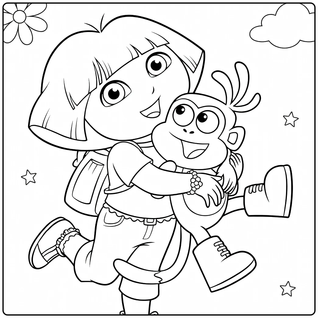 Dora coloring page happily hugging Boots the monkey