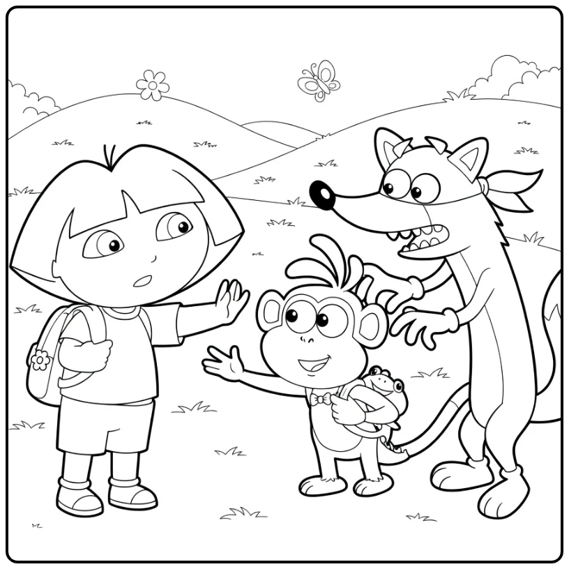 Dora Girl Monkey and Growling Fox coloring page