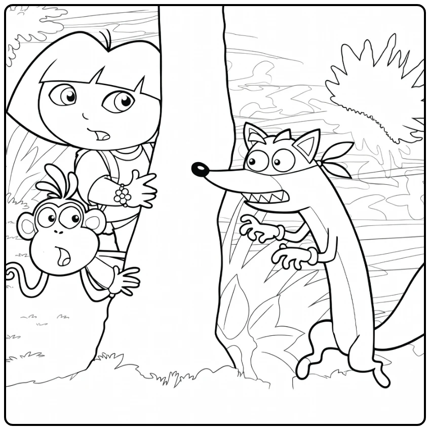 Dora Girl Monkey and Fox with Tree coloring page