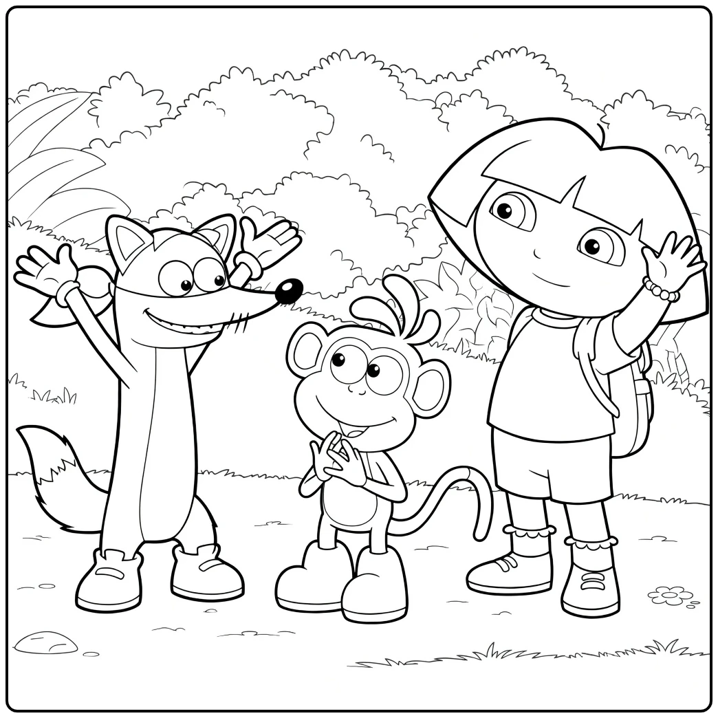 Dora Waving Fox Monkey and Girl coloring page