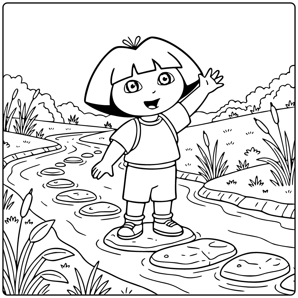 Waving Dora Next to River with Stepping Stones coloring page