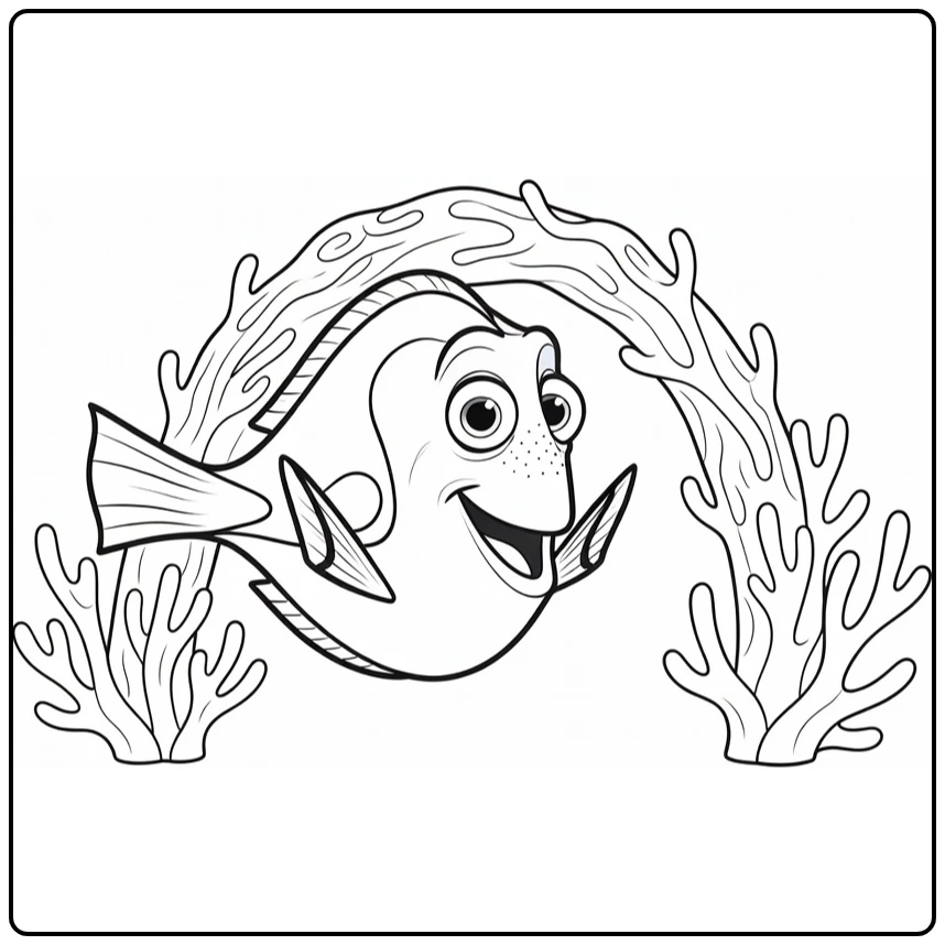 dory coloring page with happy Dory and coral arch