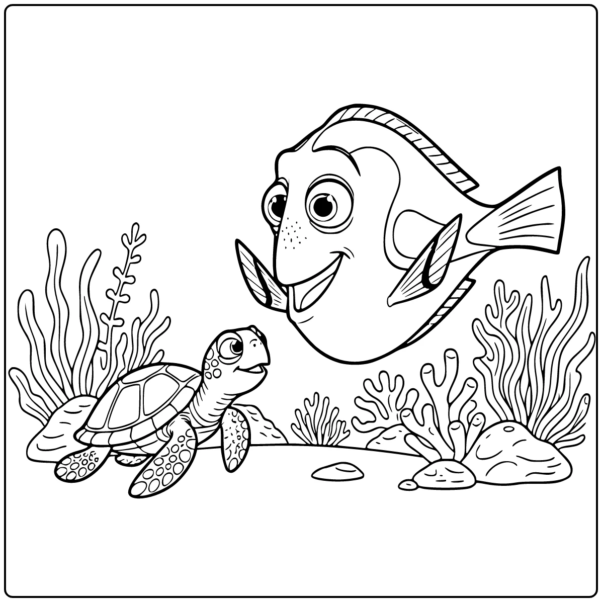 dory coloring page with Dory and kleine zeeschildpad in sea