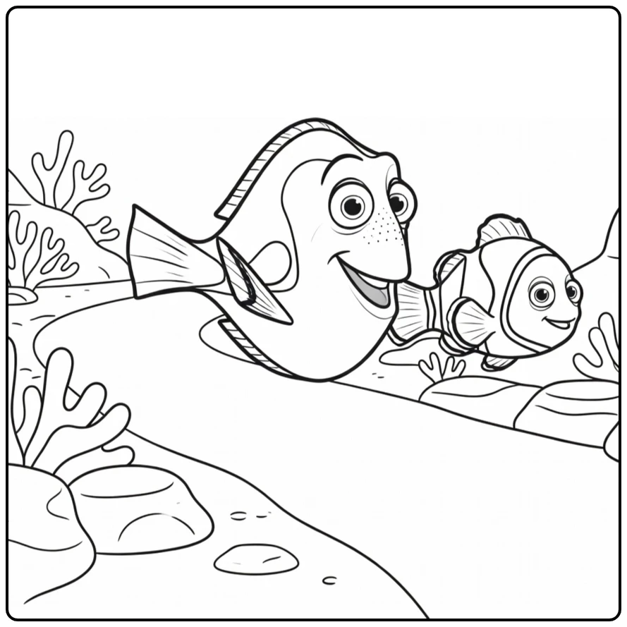 dory coloring page with marlin near reef path scene
