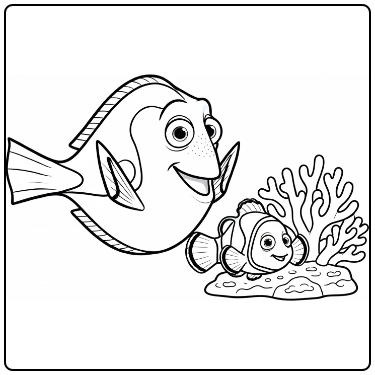 dory coloring page with Nemo next to coral polyp