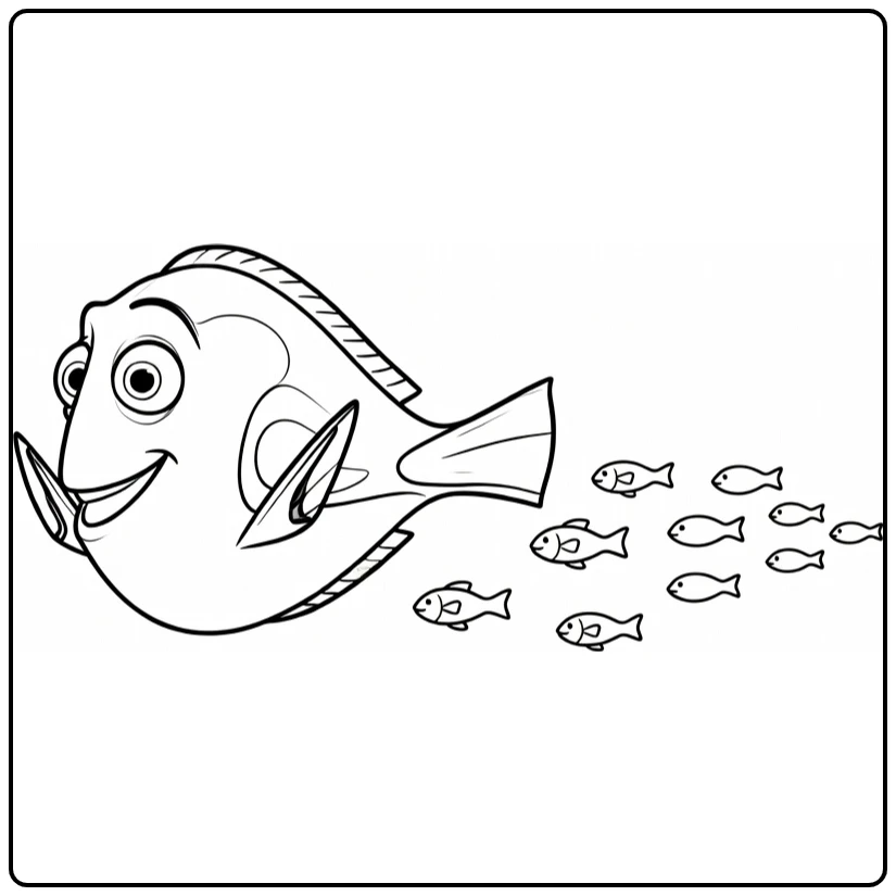 dory coloring page with little fish behind her