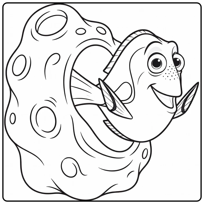 dory coloring page with cheerful Dory and fins