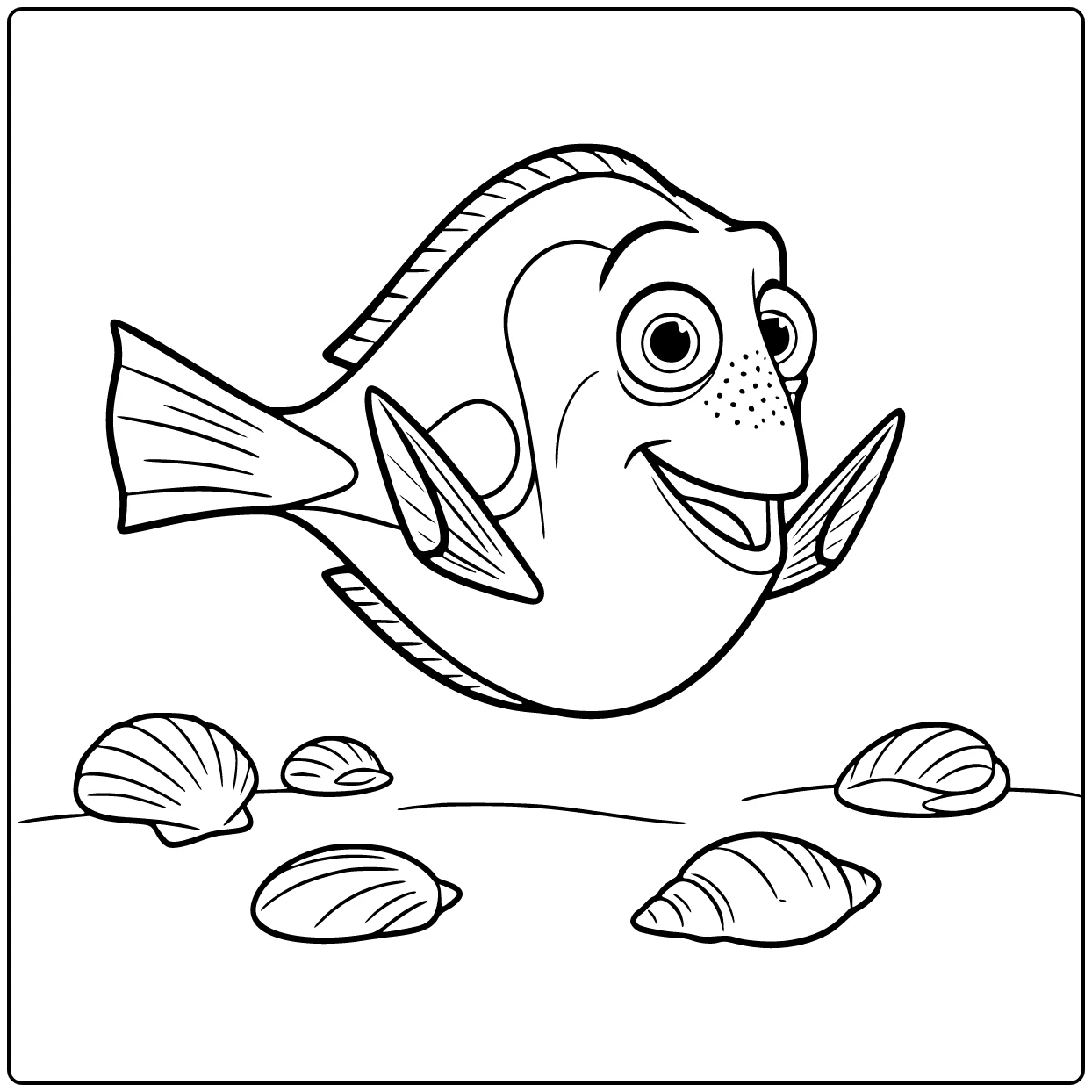Dory coloring page swimming above seashells on the seabed