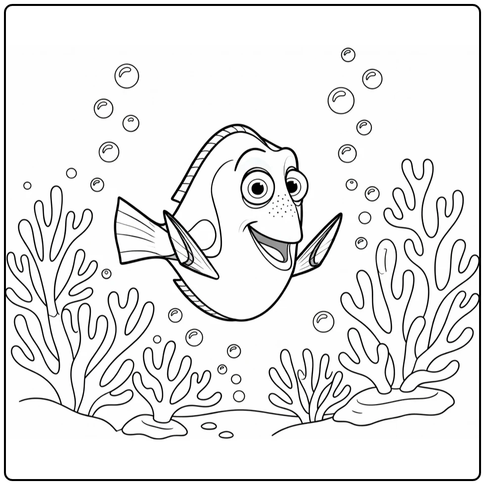 dory coloring page cheerful swimming in kalme oceaan