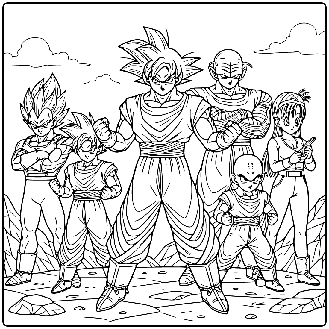 Dragon Ball Goku Heroic in the Center with Vegeta Gohan coloring page