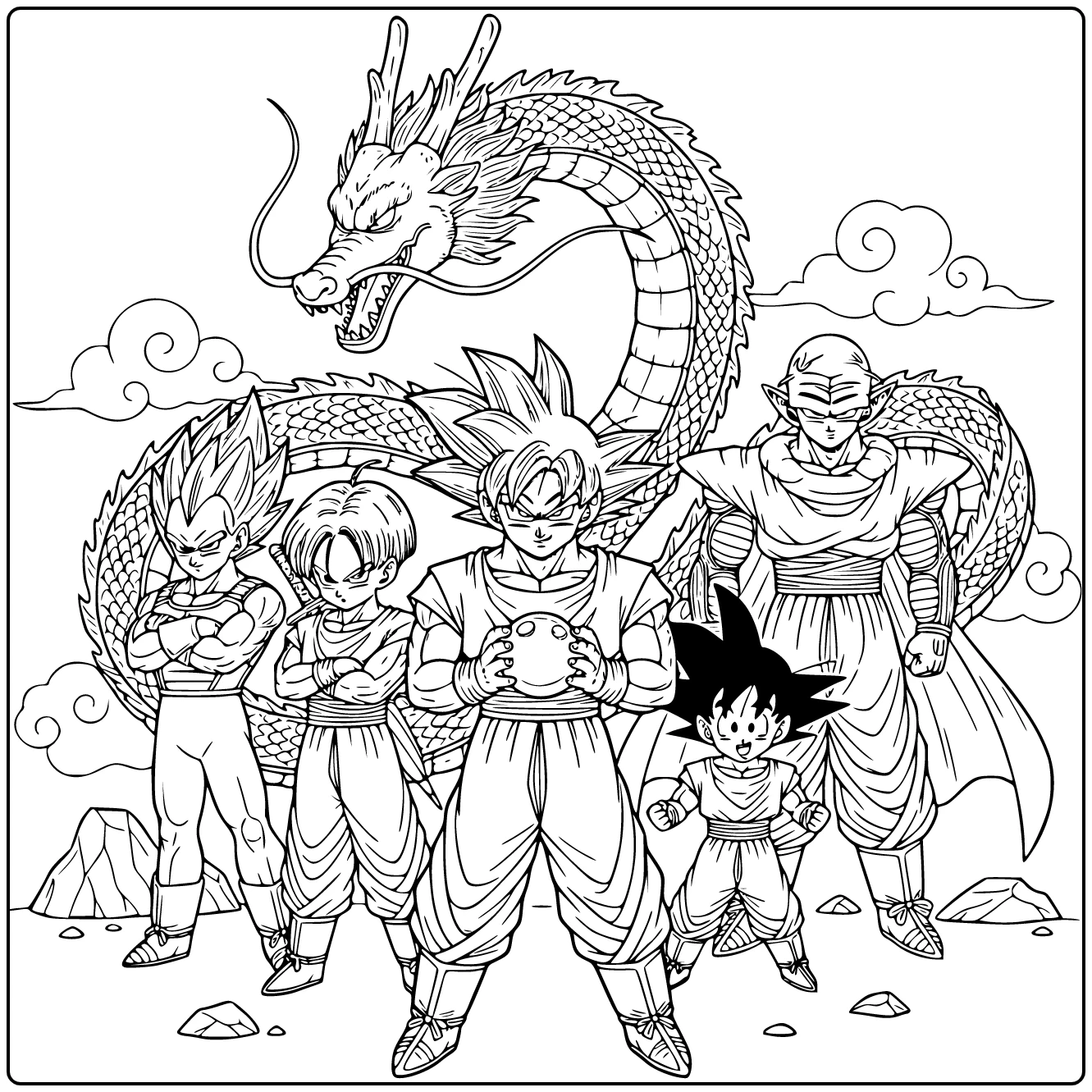 Dragon Ball coloring page with Goku holding a Dragon Ball