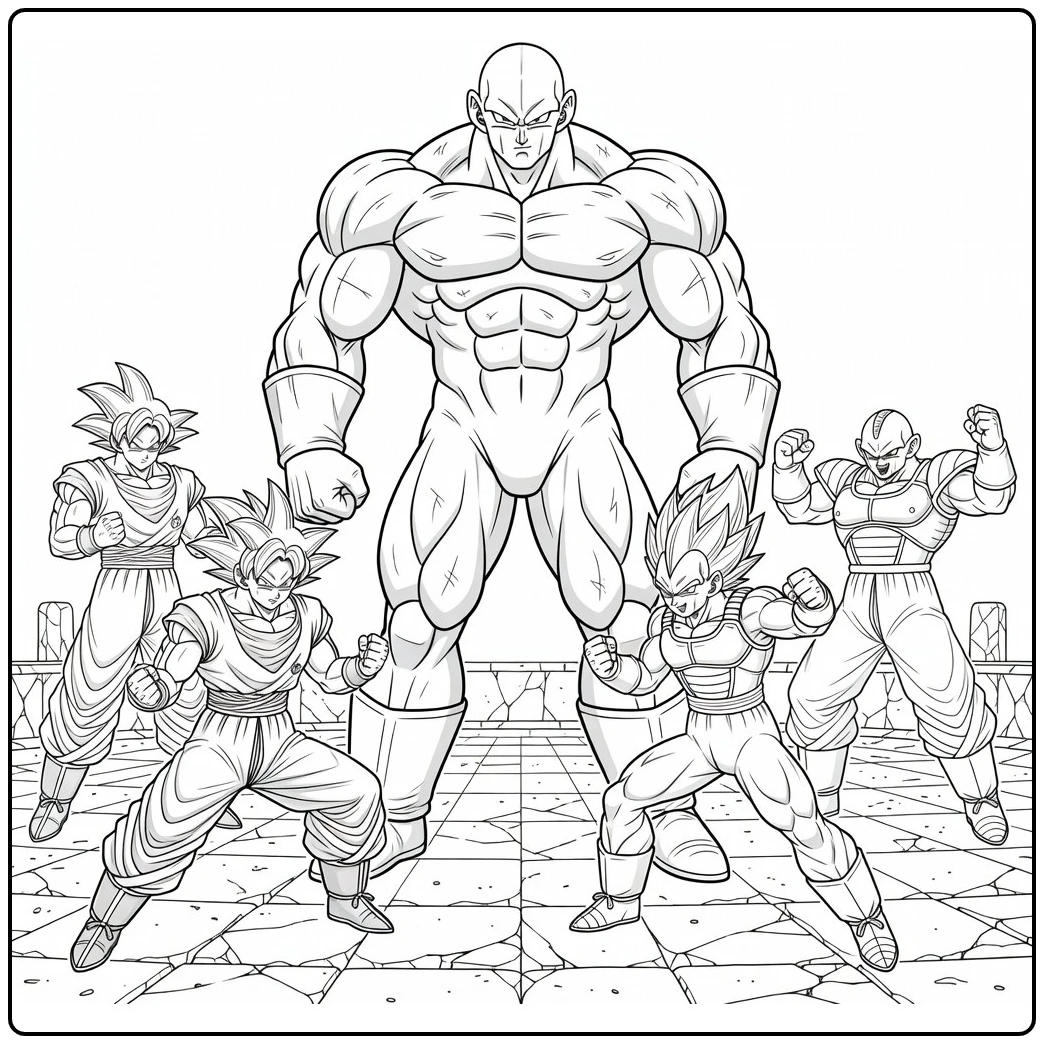 Dragon Ball Super coloring page with powerful muscular Jiren standing tall