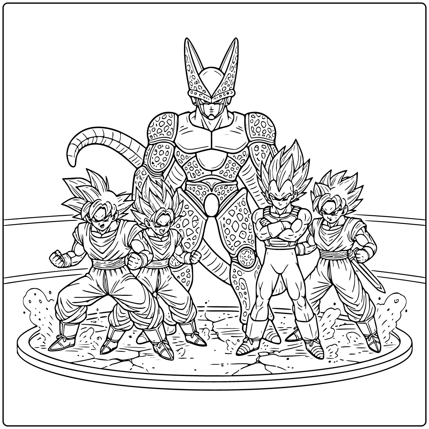 Dragon Ball Z Perfect Cell Surrounded by Goku and Gohan coloring page