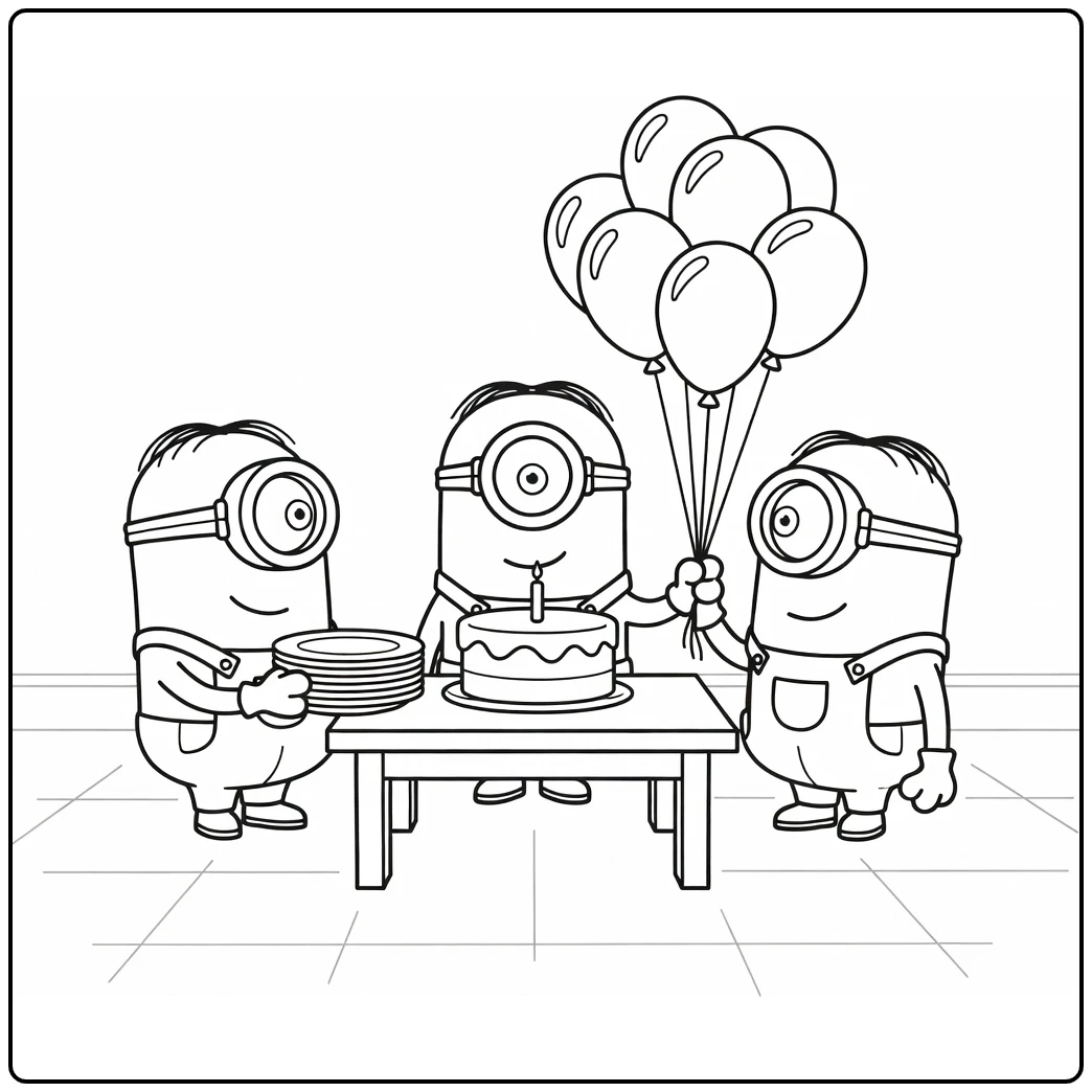 Three Celebrating Minions Birthday coloring page