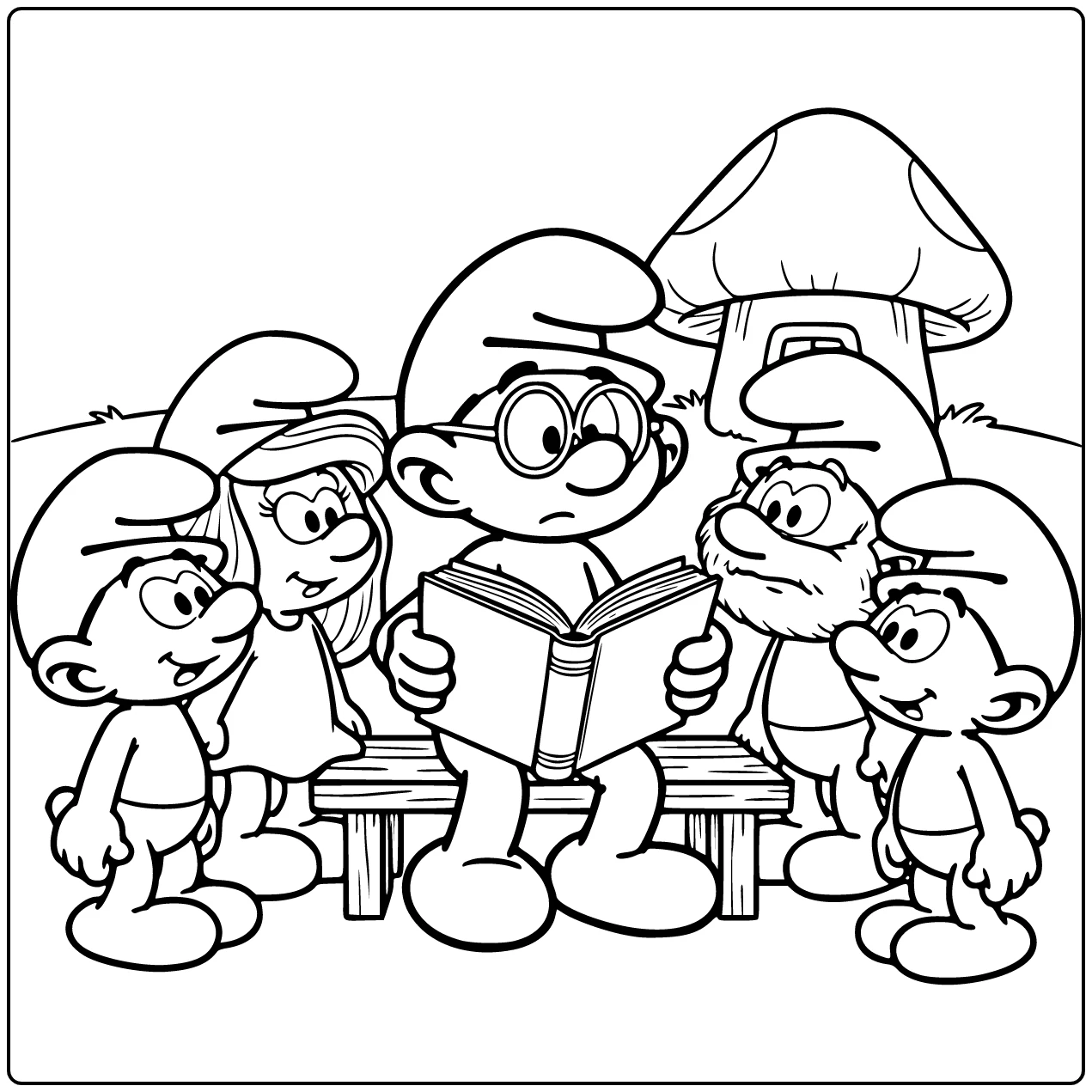 Three with Papa Smurf at Edge Smurfs coloring page