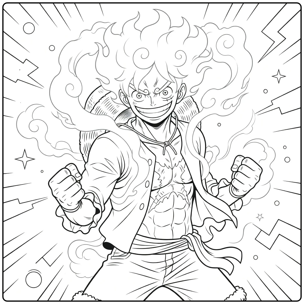 Luffy Gear 5 coloring page with an energetic pose